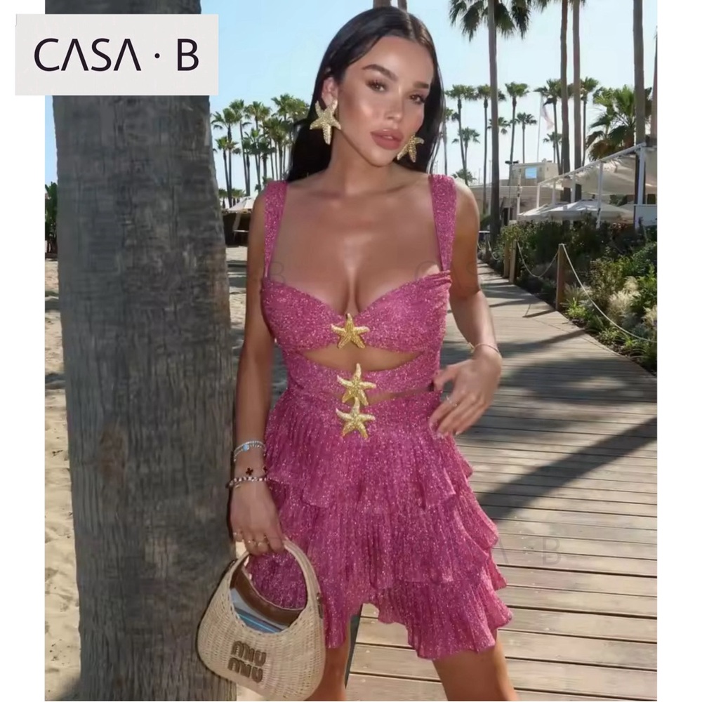 NEW!💫to CASA B| Azaria Stardust Cut Out Gold Starfish Tiered Ruffle Mini Dress - Picture 5 of 5